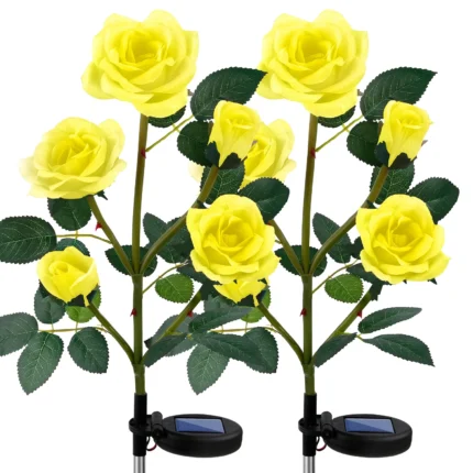 SHIKAN 2 Pack Solar Outdoor Lights Waterproof, Solar Garden Flower Stake Lights for Patio Decor, Floral Pathway Lights for Lawn Backyard Walkway Yard, Outdoor Landscaping Rose Light, Yellow
